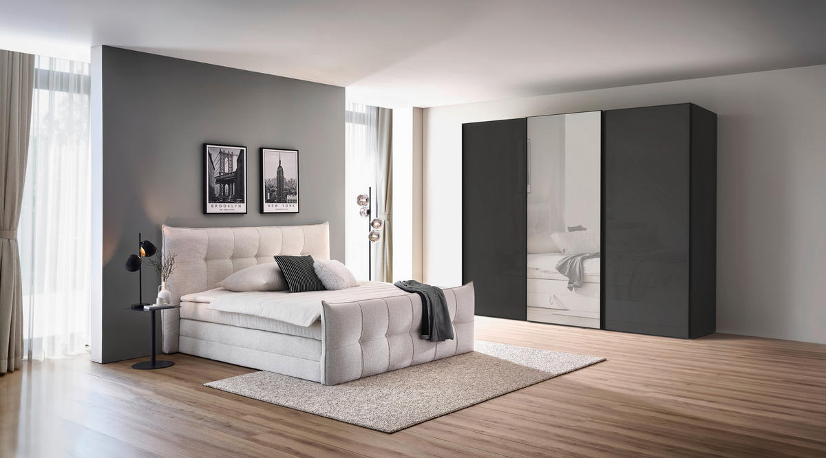 BOXSPRINGBETT 180/200 cm,  in Creme, gepolstertes Kopfteil, Bettkasten, Matratzen, Topper, H2 = mittel  - Creme/Schwarz, Basics, Holzwerkstoff/Kunststoff (180/200cm) - Esposa