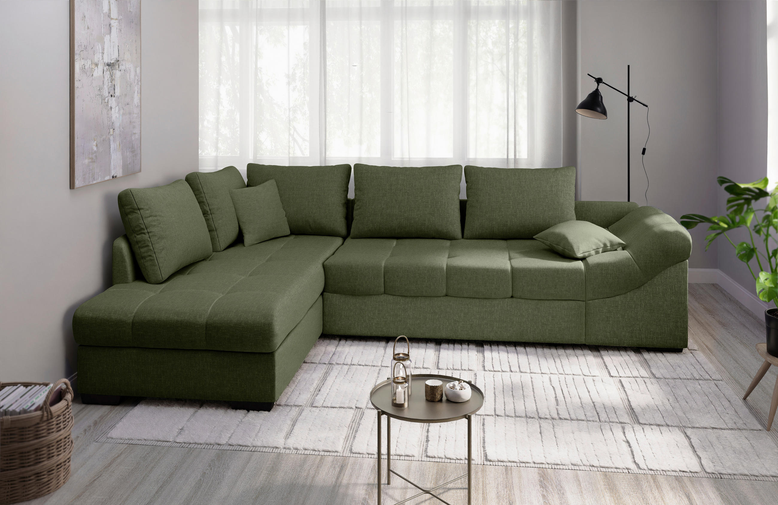 ECKSCHLAFSOFA Alvito Grün Mikrofaser  - Schwarz/Grün, MODERN, Holz/Textil (202/298cm) - MID.YOU