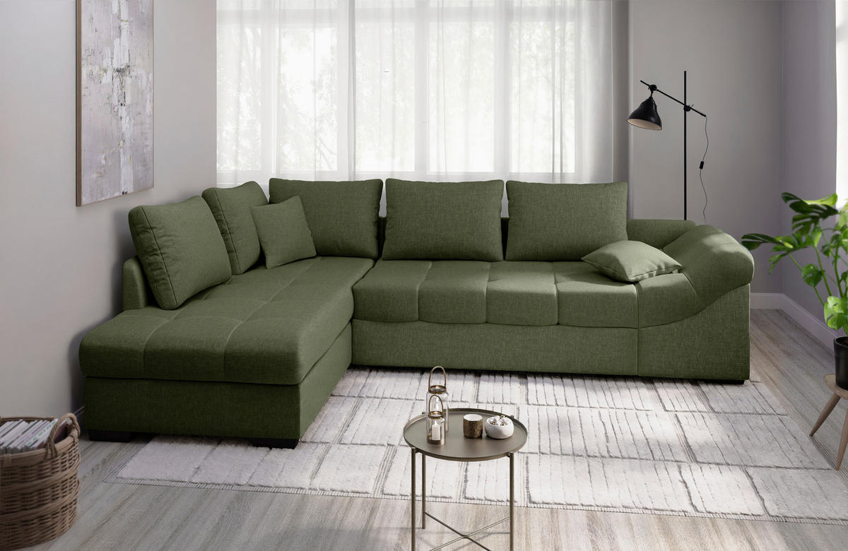 ECKSCHLAFSOFA Alvito Grün Mikrofaser  - Schwarz/Grün, MODERN, Holz/Textil (202/298cm) - MID.YOU
