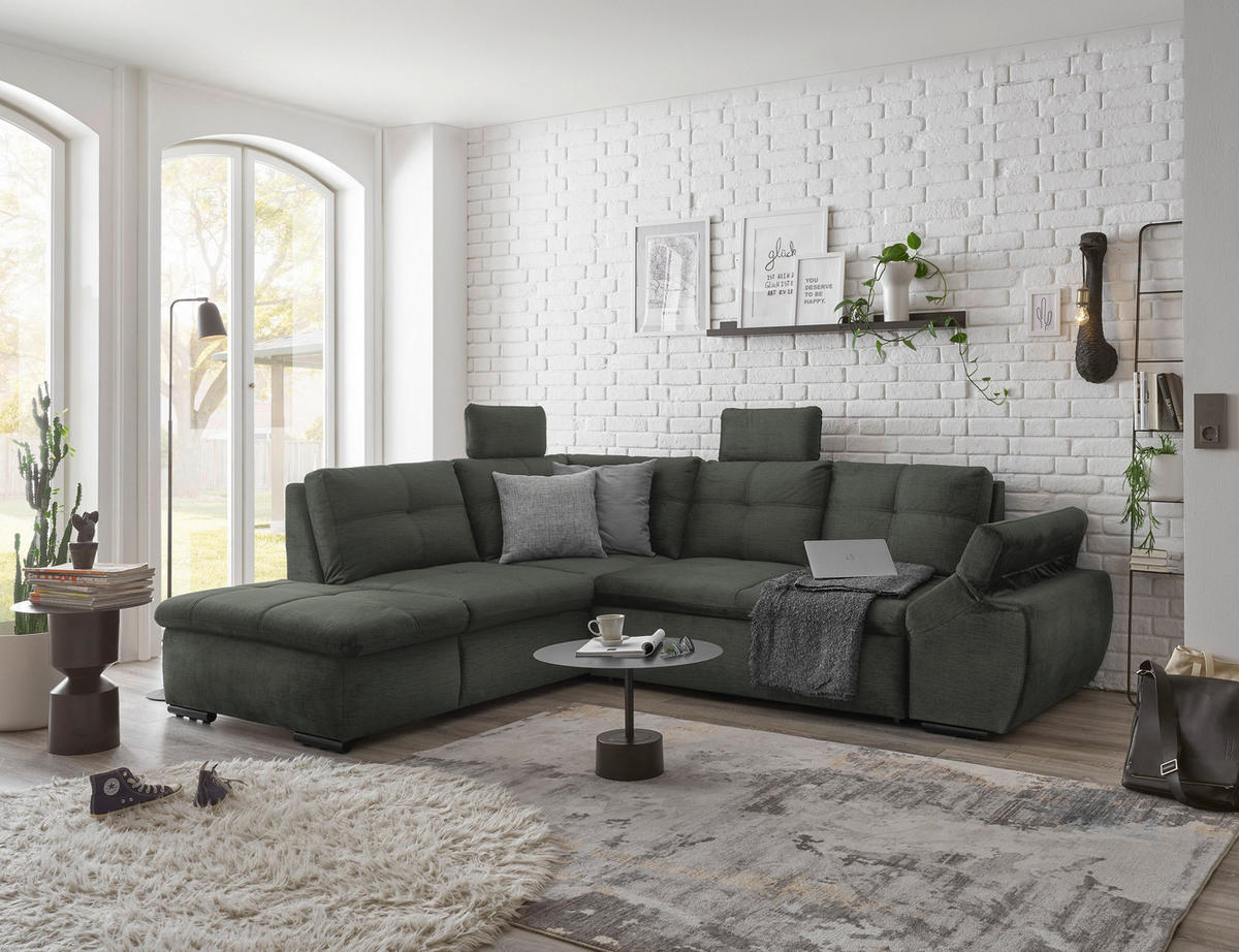 ECKSOFA in Mikrovelours Dunkelgrün  - Dunkelgrün/Schwarz, Konventionell, Kunststoff/Textil (217/265cm) - Carryhome