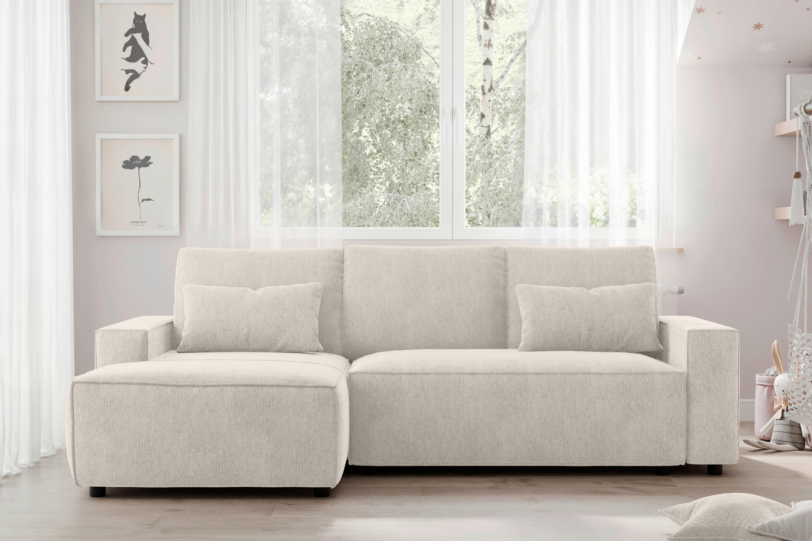 ECKSCHLAFSOFA in Chenille Beige  - Beige/Schwarz, Modern, Kunststoff/Textil (154/247cm) - Livetastic