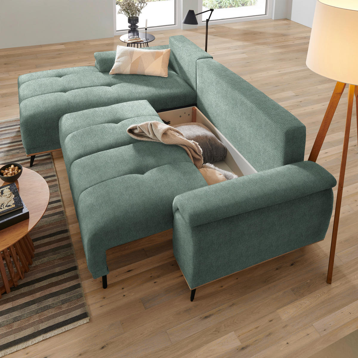 ECKSOFA in Chenille Grün  - Schwarz/Grün, Modern, Textil/Metall (168/262cm) - home24