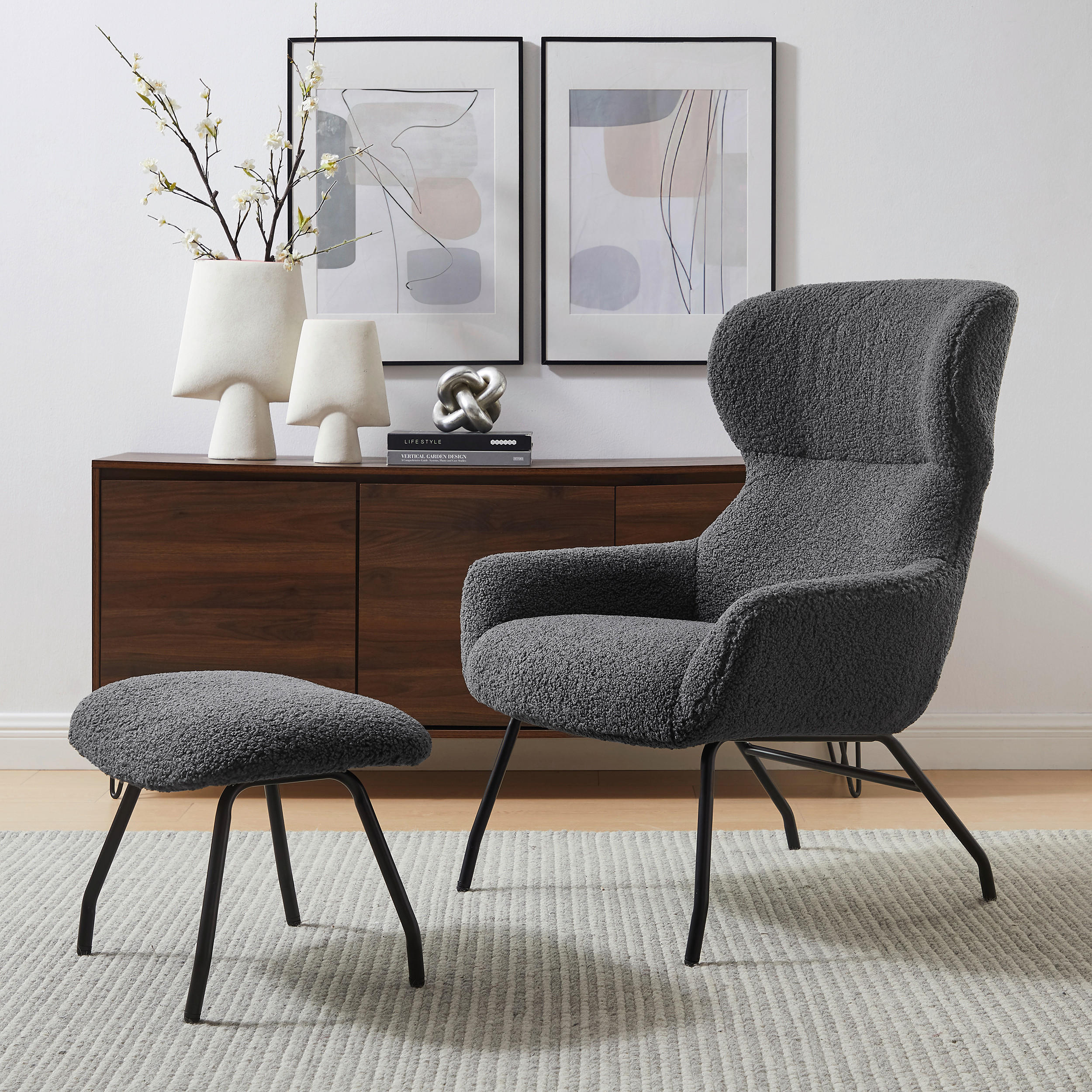 SESSELSET Teddystoff Hocker    - Anthrazit/Schwarz, MODERN, Textil/Metall (79/103/82cm) - Livetastic
