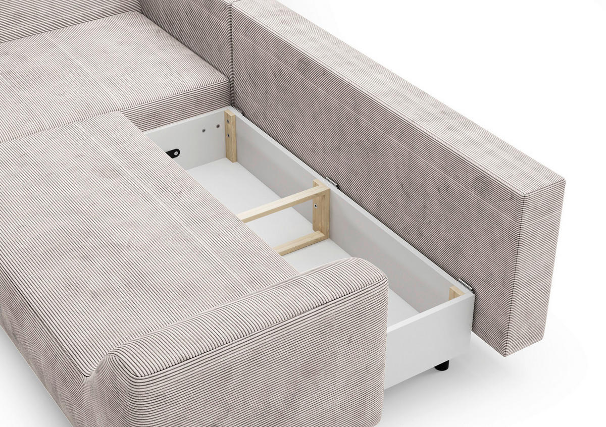 ECKSCHLAFSOFA  mit Bettkasten erhältlich, seitenverkehrt erhältlich, Schlafen auf Sitzhöhe, Bettfunktion erhältlich, Rücken echt Cord Creme  - Creme/Schwarz, Design, Textil/Metall (167/273cm) - MID.YOU