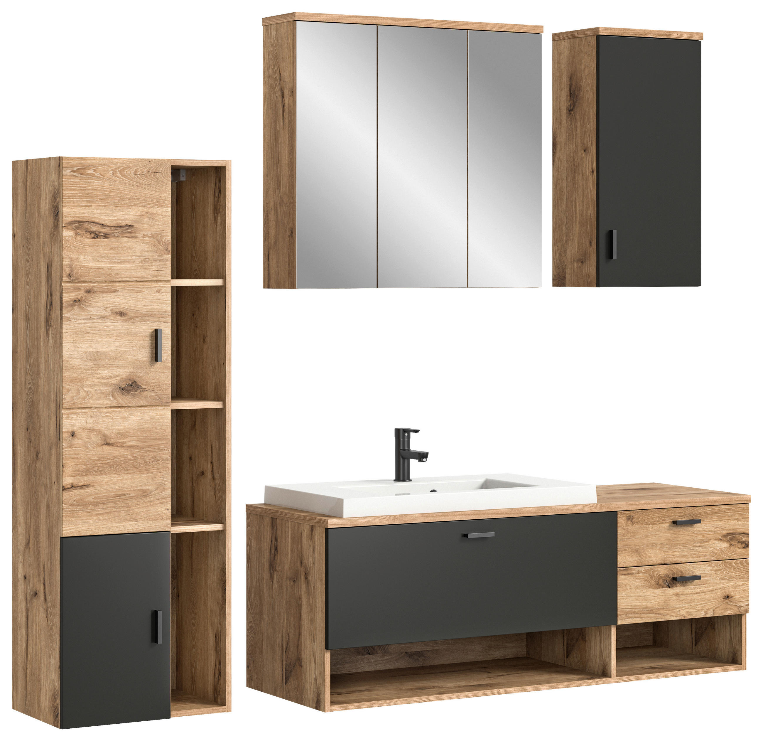 BADEZIMMER 5-teilig  in 182 cm  - Weiß Hochglanz/Schwarz, MODERN, Glas/Keramik (182cm) - MID.YOU