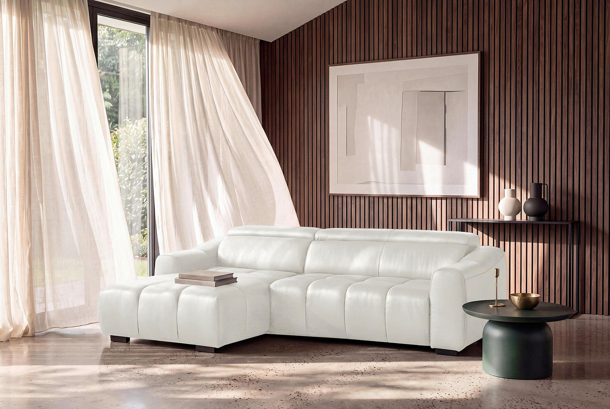 ECKSOFA AVEIRO Weiß Echtleder Bettkasten, Kopfteilverstellung, Sitzvorzug  - Schwarz/Weiß, Design, Leder/Kunststoff (177/274cm) - Livetastic