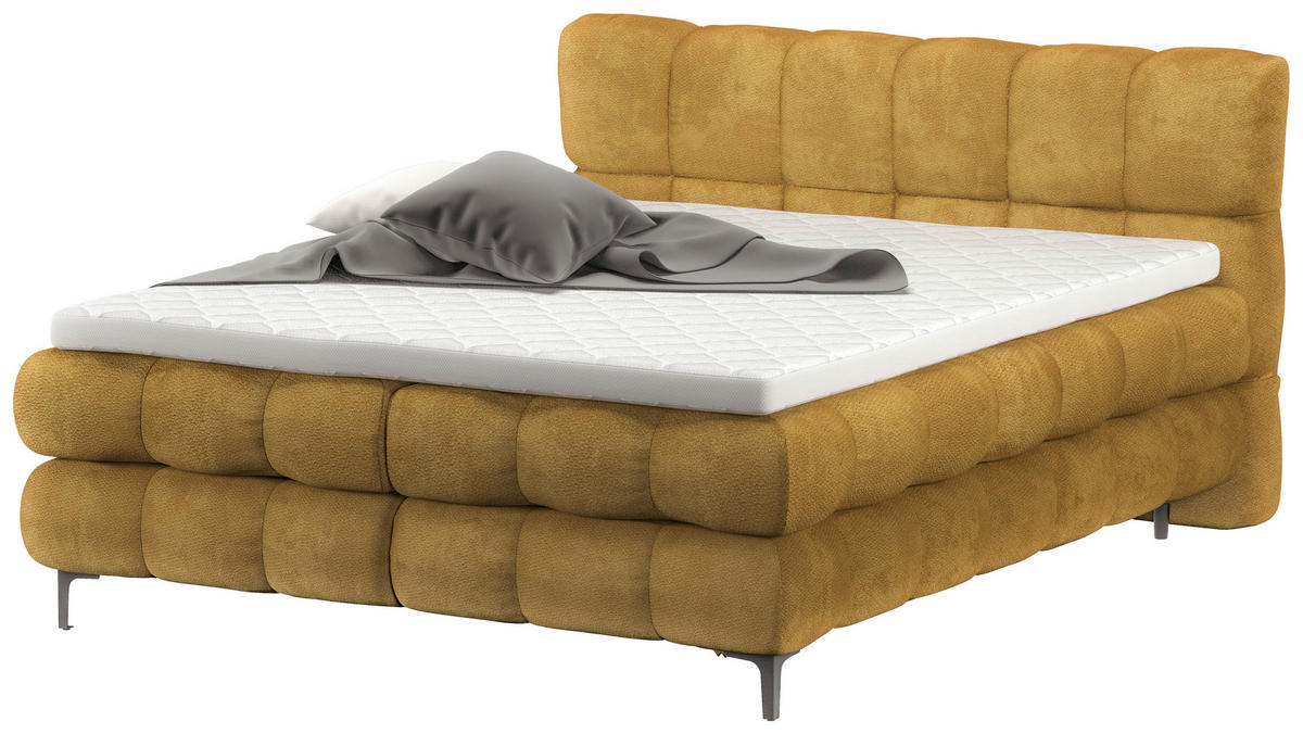 BOXBETT 160/200 cm,  in Goldfarben, gepolstertes Kopfteil, Bettkasten, Topper, H3 + H3 = fest  - Goldfarben/Schwarz, Design, Textil/Metall (160/200cm) - Ti'me