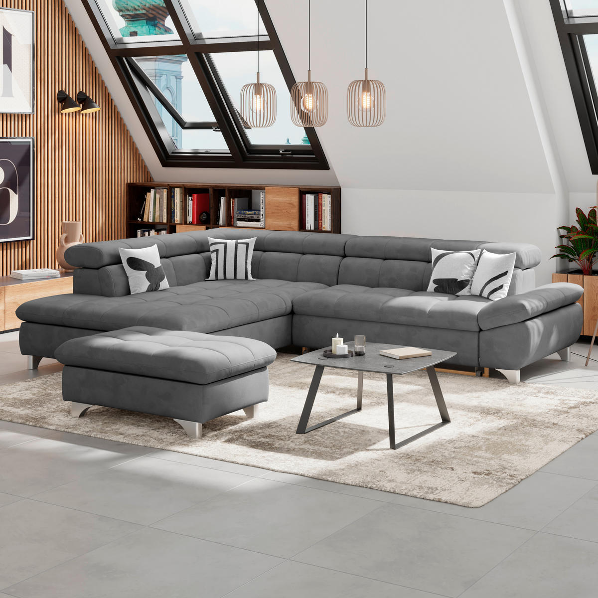 ECKSOFA Dunkelgrau Chenille  - Chromfarben/Dunkelgrau, KONVENTIONELL, Textil/Metall (234/312cm) - Livetastic