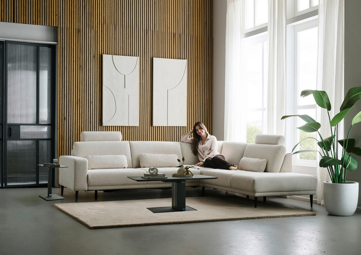 ECKSOFA Dieter Knoll Beige Chenille  - Beige/Schwarz, Design, Textil/Metall (303/254cm) - Dieter Knoll