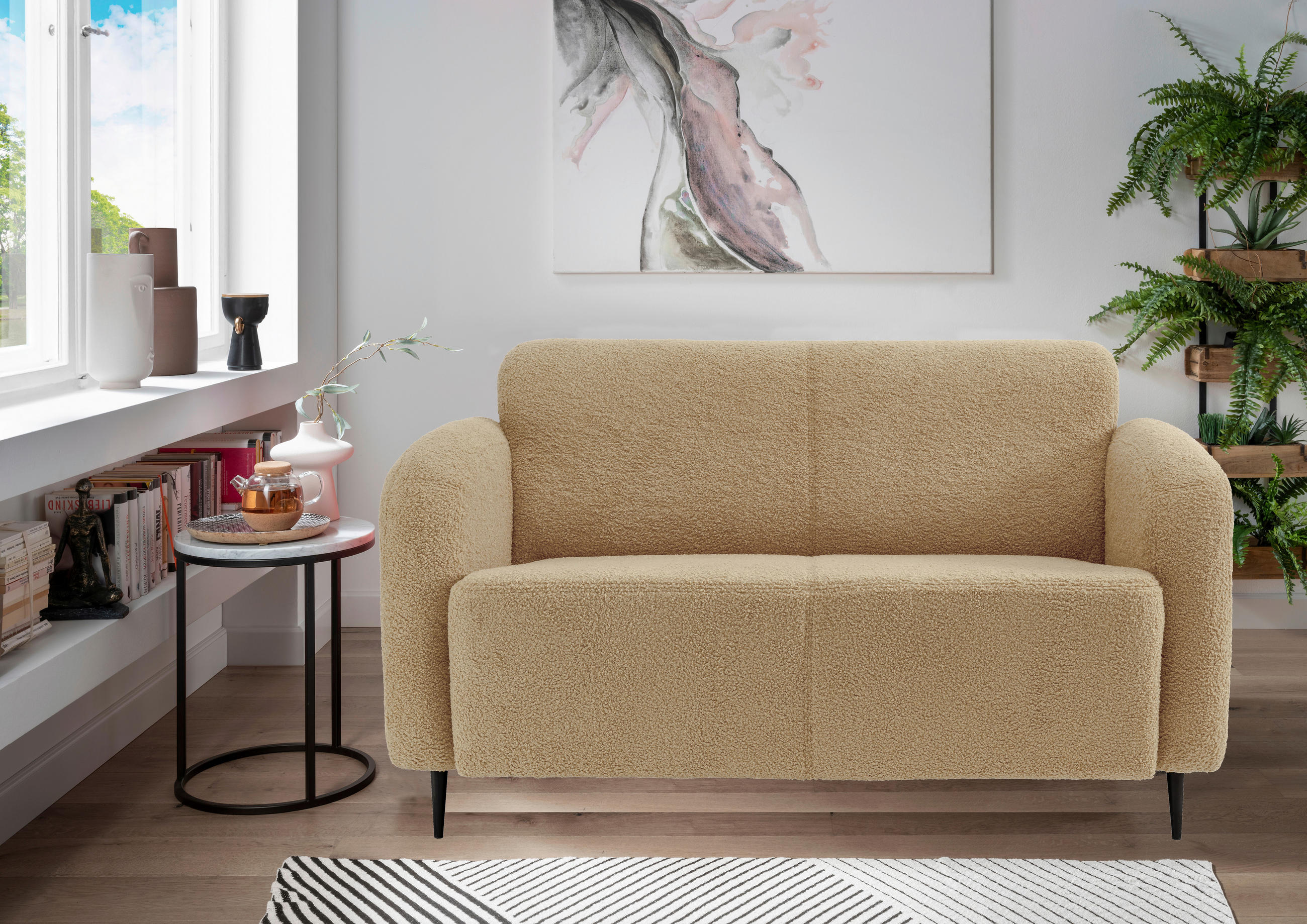 2-SITZER-SOFA in Teddystoff Creme  - Creme/Schwarz, Modern, Metall (140/76/90cm) - Livetastic
