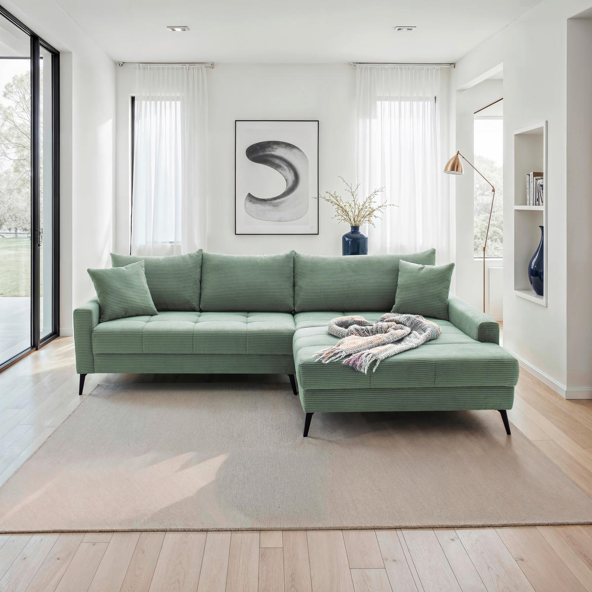 ECKSOFA Cord Pastellgrün  - Pastellgrün/Schwarz, Konventionell, Textil/Metall (280/173cm) - Hom`in