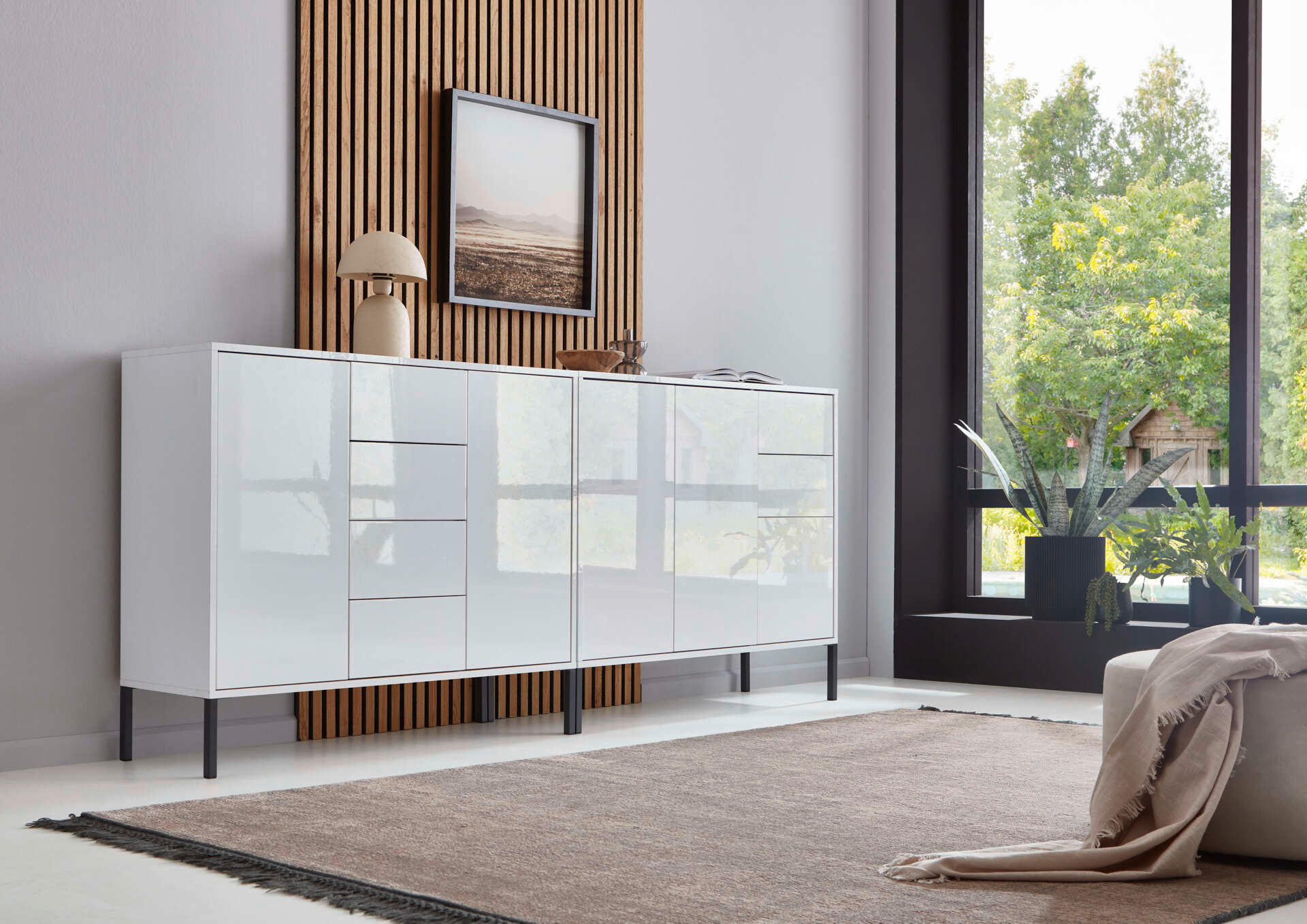 SIDEBOARD Mailand Set 13 + MF  in 211/86/33 cm  - Weiß Hochglanz/Anthrazit, MODERN, Holzwerkstoff/Metall (211/86/33cm) - MID.YOU