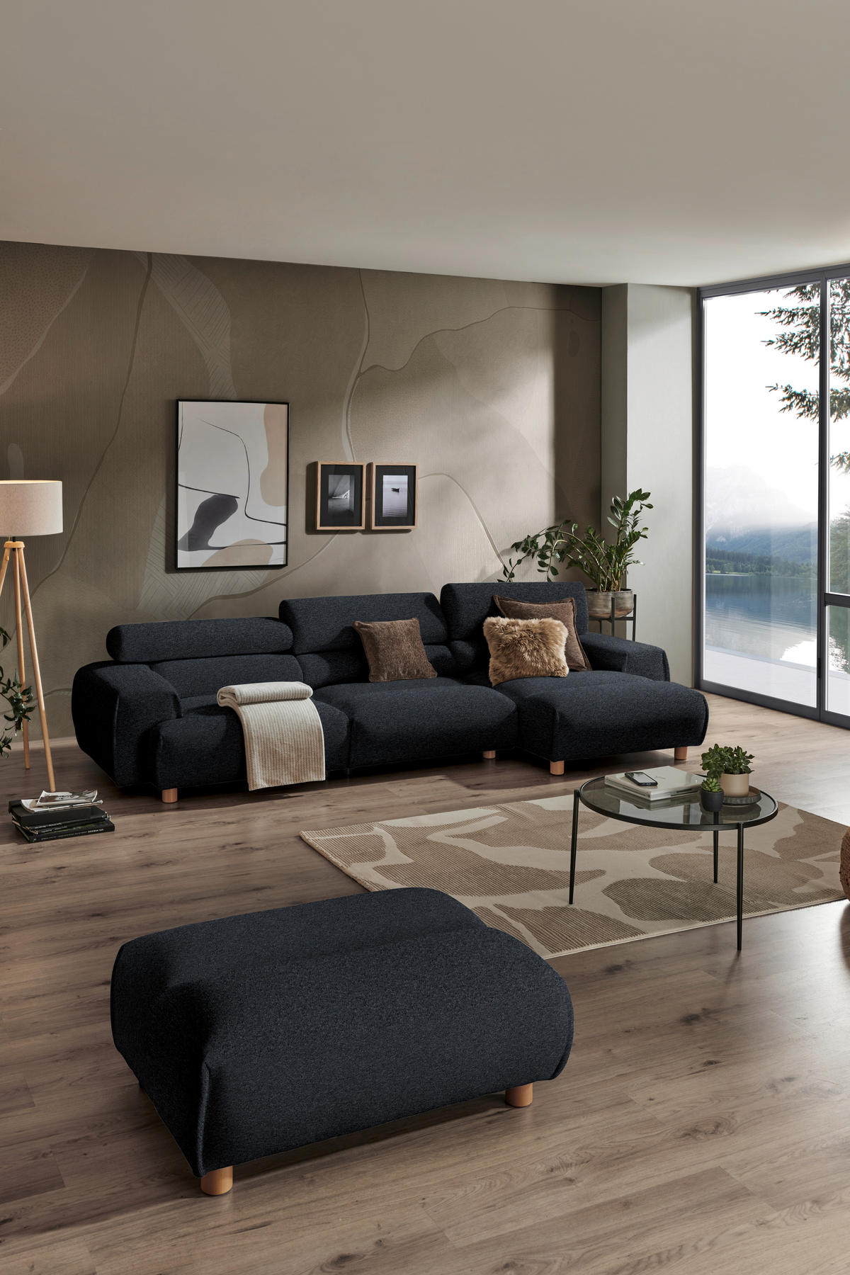 ECKSOFA in Velours Anthrazit  329/150 cm  - Anthrazit/Buchefarben, Design, Holz/Textil (329/150cm) - Lomoco