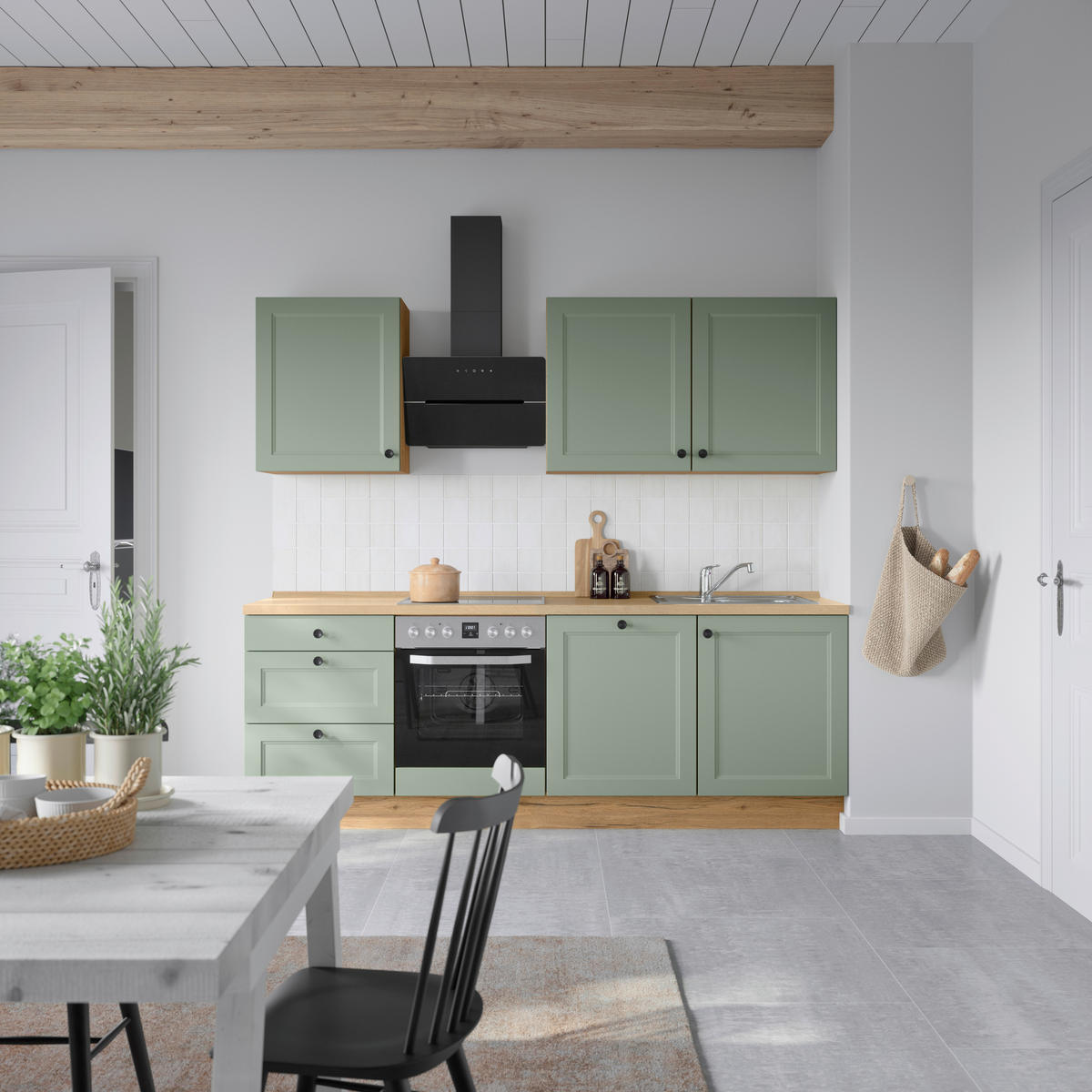 KÜCHENLEERBLOCK 240 cm   in Grün, Eichefarben  - Eichefarben/Schwarz, MODERN, Holzwerkstoff/Metall (240cm) - Nobilia
