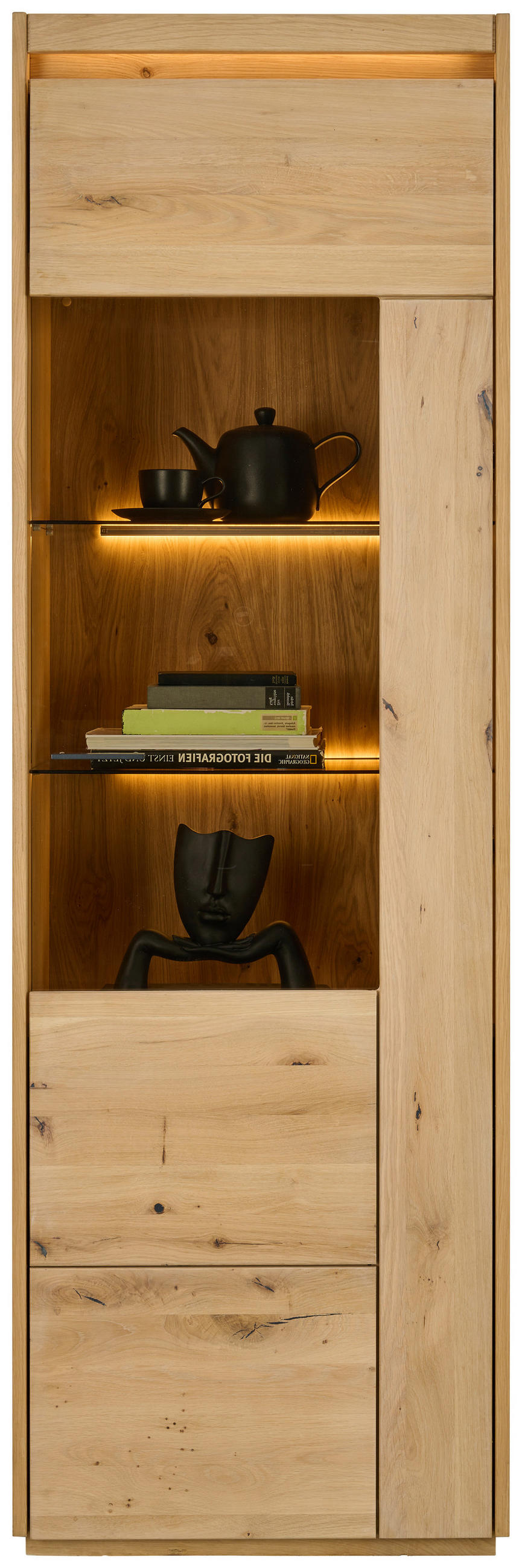 VITRINE  in furniert, massiv Kerneiche Eichefarben  - Eichefarben, Natur, Glas/Holz (64,4/201,9/37cm) - Linea Natura
