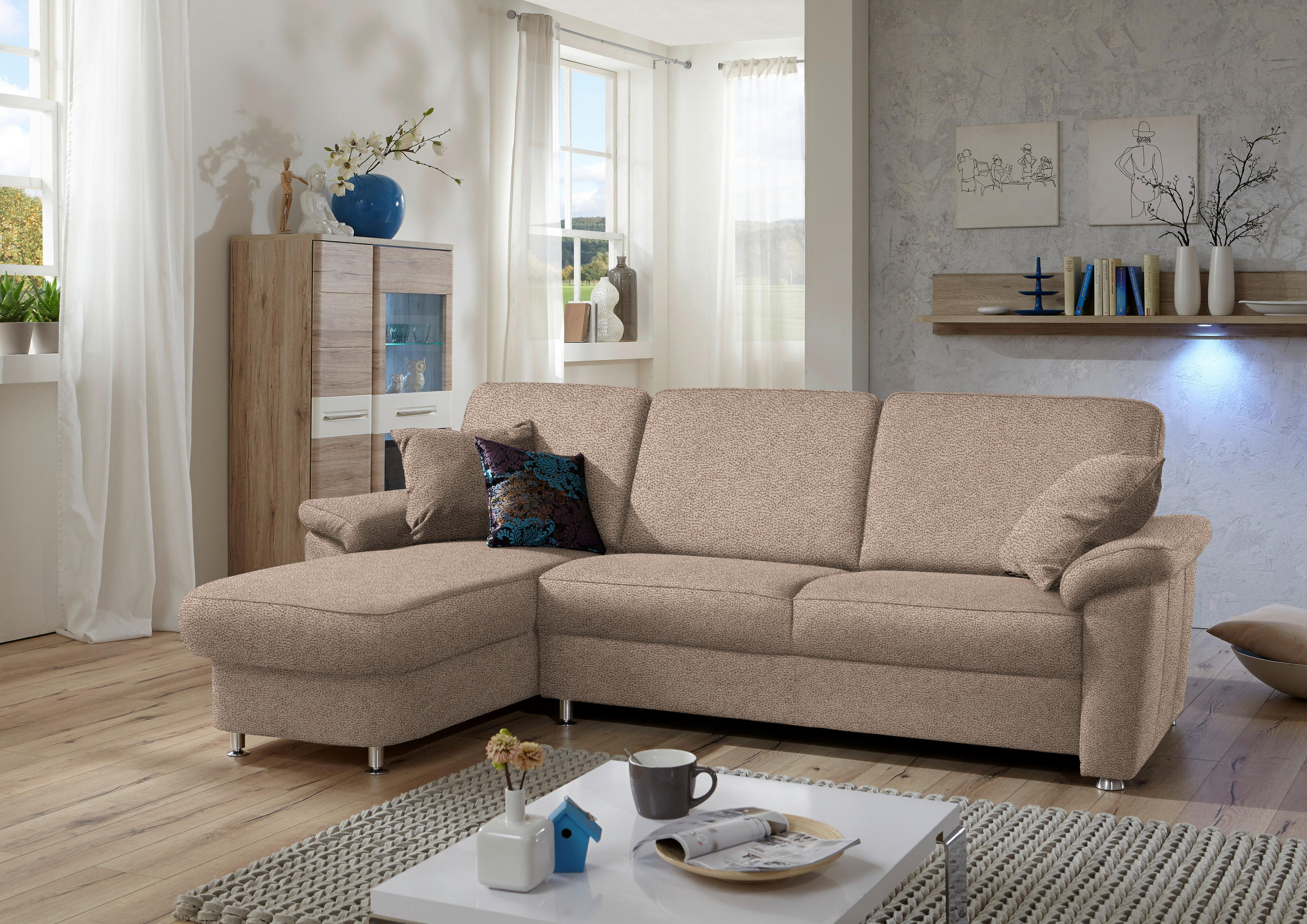 ECKSOFA in Flachgewebe Sandfarben  - Sandfarben/Chromfarben, Konventionell, Textil/Metall (163/250cm) - Beldomo System