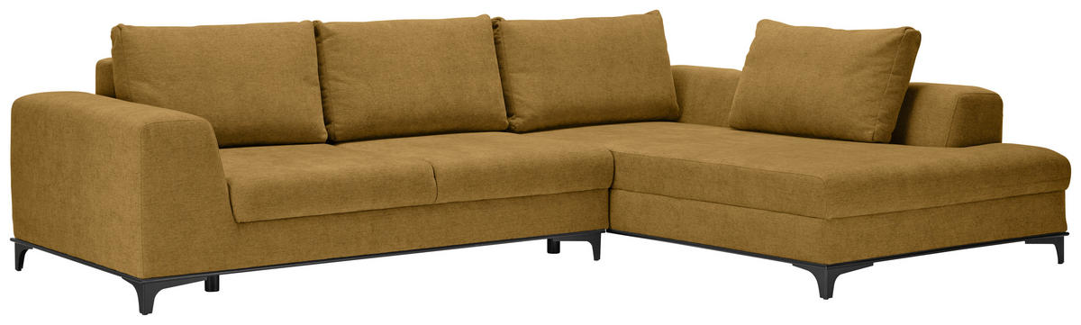 ECKSOFA inkl. Funktionen Senfgelb Webstoff Rückenkissen, Bettkasten, Schlaffunktion, Rücken echt  - Wengefarben/Senfgelb, Design, Holz/Textil (314/211cm) - Stylife
