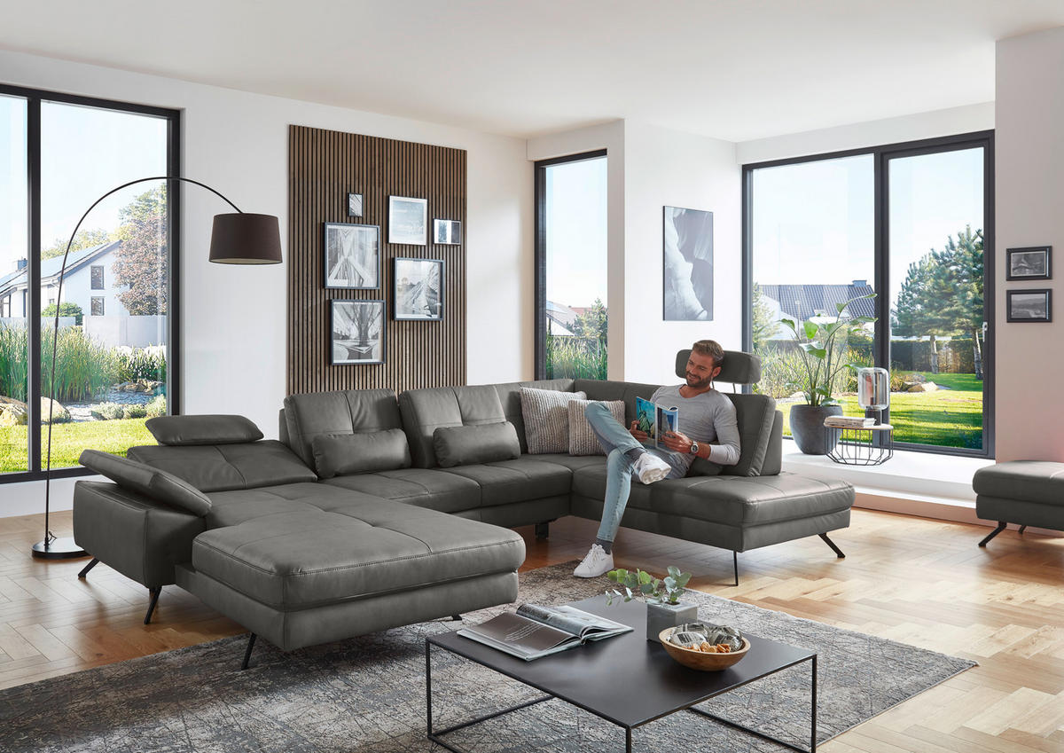 WOHNLANDSCHAFT in Lederlook, Mikrofaser Dunkelgrau  - Dunkelgrau/Schwarz, Design, Textil/Metall (179/343/220cm) - Beldomo System
