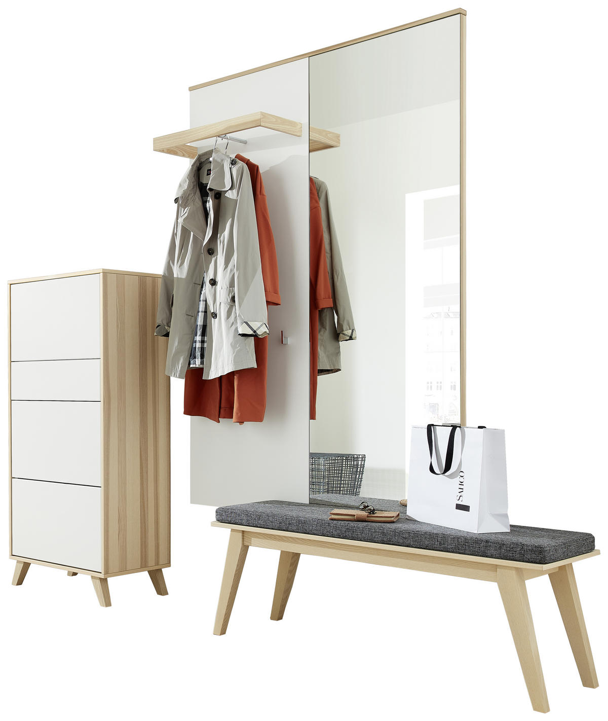 GARDEROBE 3-teilig  in  - Eschefarben/Weiß, Design, Holz - Invivus