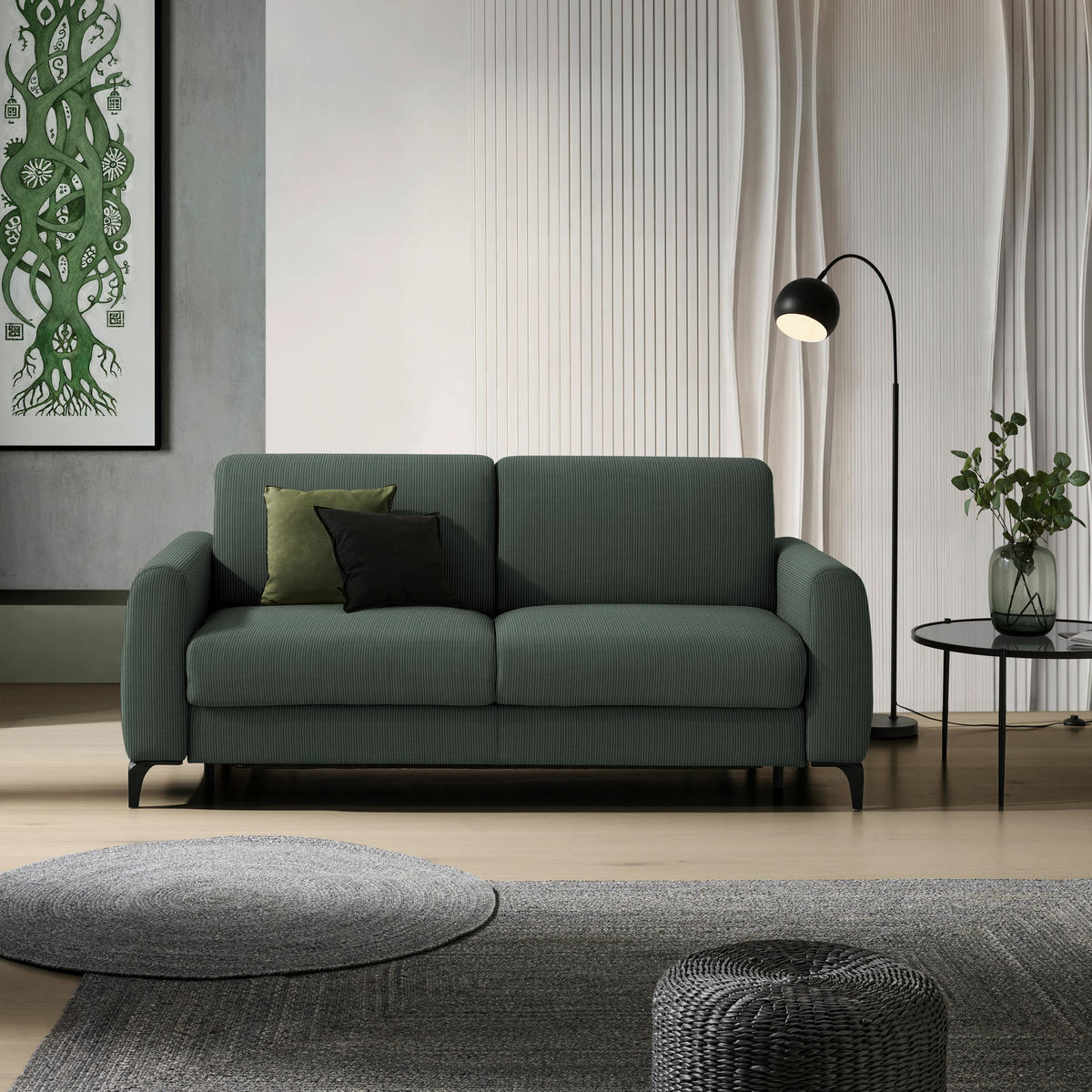 SCHLAFSOFA Cord Waldgrün  - Waldgrün/Schwarz, Konventionell, Holz/Textil (203/88/102cm) - Novel