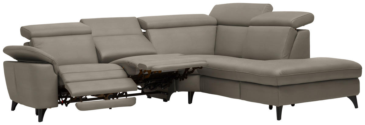 ECKSOFA in Echtleder Graubraun  - Graubraun/Schwarz, Design, Leder/Metall (285/239cm) - Cantus