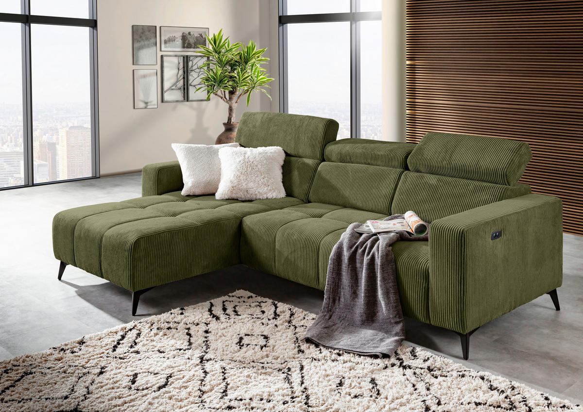 ECKSOFA Olivgrün Cord Rücken echt, Kopfteilverstellung, Sitzvorzug  - Schwarz/Olivgrün, KONVENTIONELL, Textil/Metall (170/257cm) - Carryhome