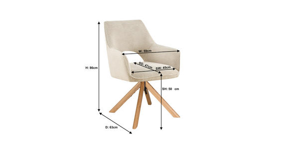 ARMLEHNSTUHL  Sitzfläche 360° drehbar, inklusive Armlehnen Cord  - Eichefarben/Creme, Design, Holz/Textil (60/85/63cm) - Hom`in