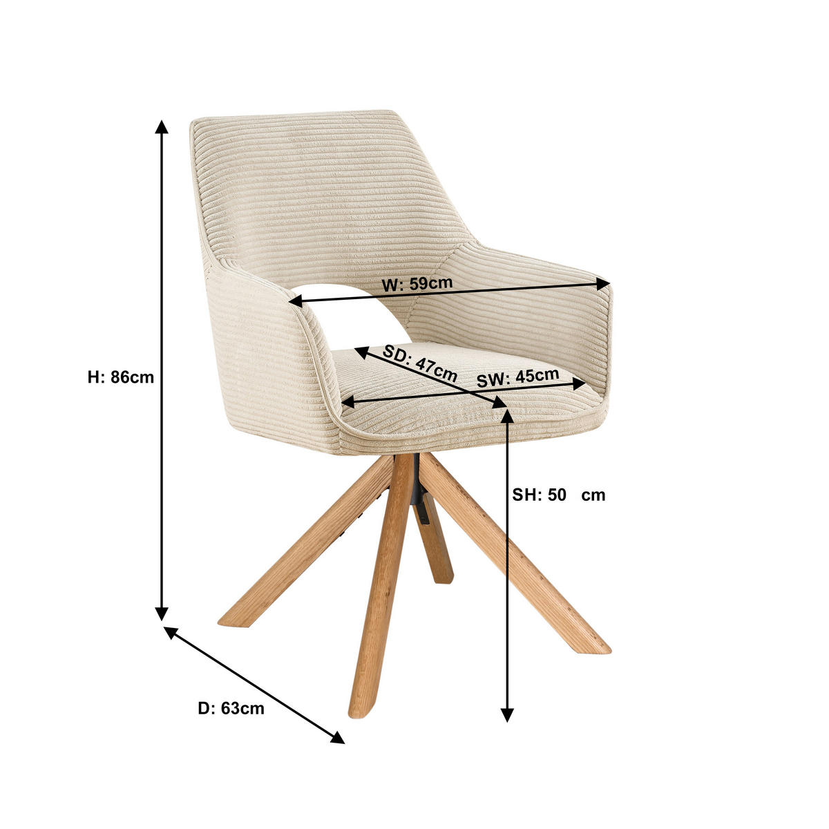 ARMLEHNSTUHL  Sitzfläche 360° drehbar, inklusive Armlehnen Cord  - Eichefarben/Creme, Design, Holz/Textil (60/85/63cm) - Hom`in