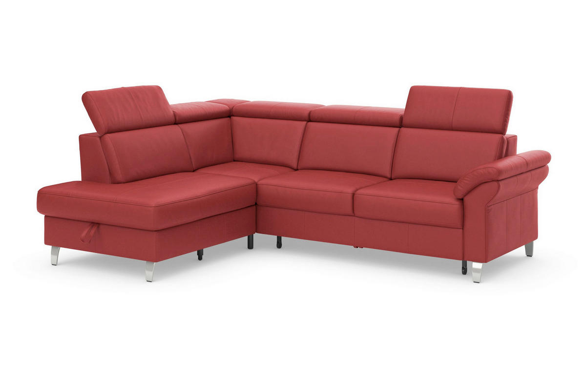 ECKSOFA ARNGAST E Rot Kombination Echtleder/Stoff Mikrofaser Bettkasten, Kopfteilverstellung  - Chromfarben/Rot, Basics, Leder/Textil (194/245cm) - Sit & More