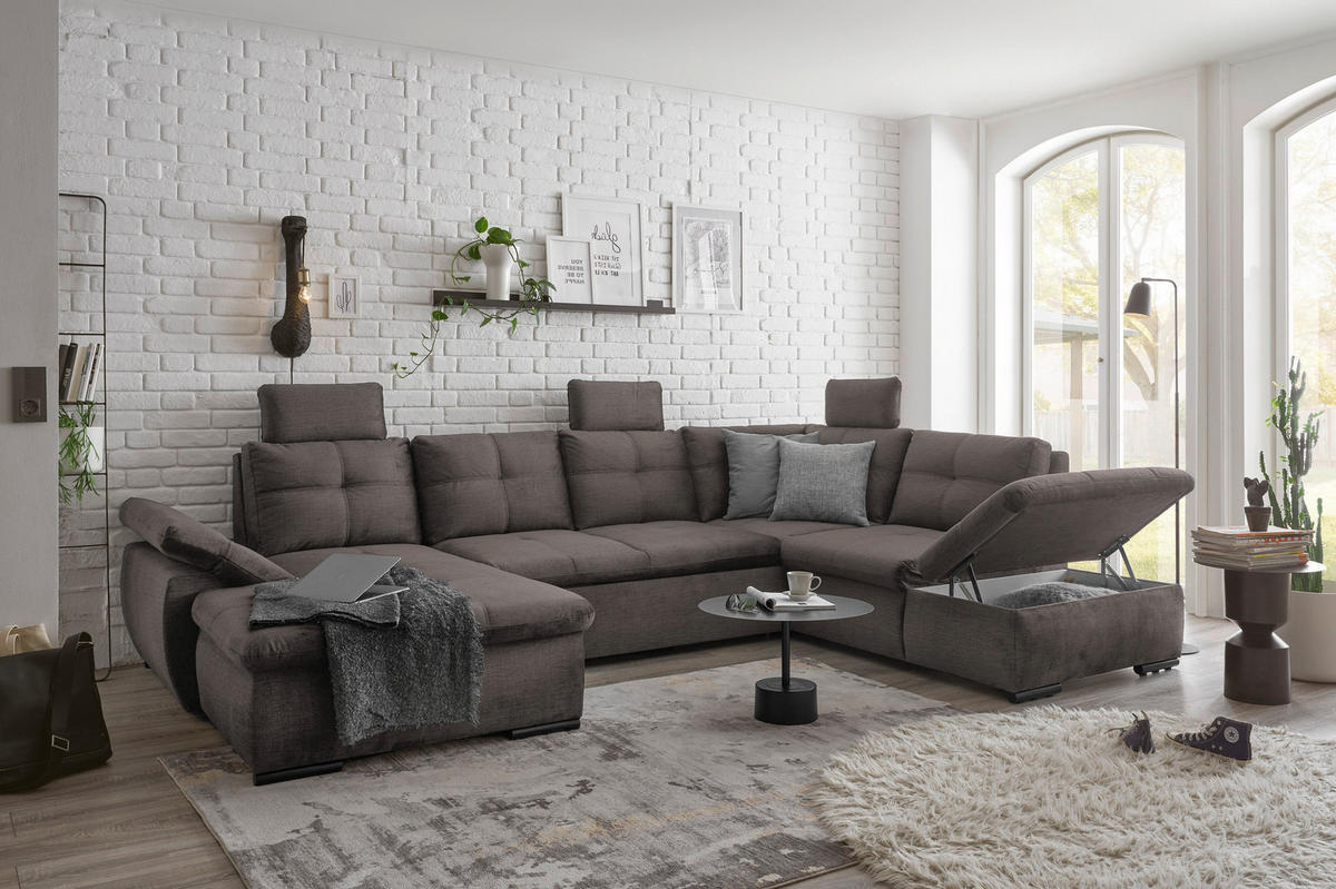 WOHNLANDSCHAFT Graubraun Mikrovelours  - Graubraun/Schwarz, KONVENTIONELL, Kunststoff/Textil (127/334/217cm) - Carryhome