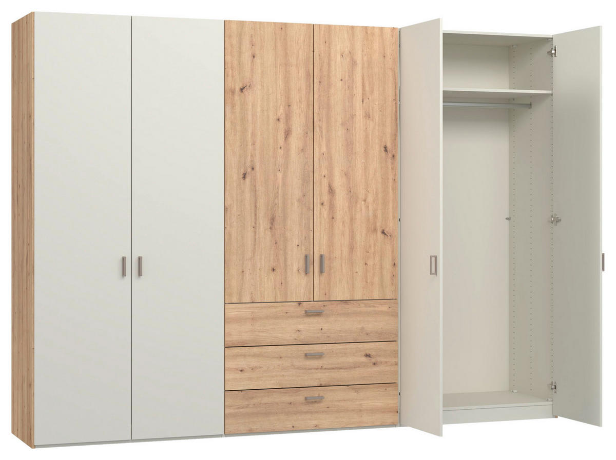 KLEIDERSCHRANK 303/220/59 cm,  in Creme, Weiß, Eiche Artisan, 6-türig  - Hellbraun/Creme, Design, Holzwerkstoff/Metall (303/220/59cm) - Jutzler