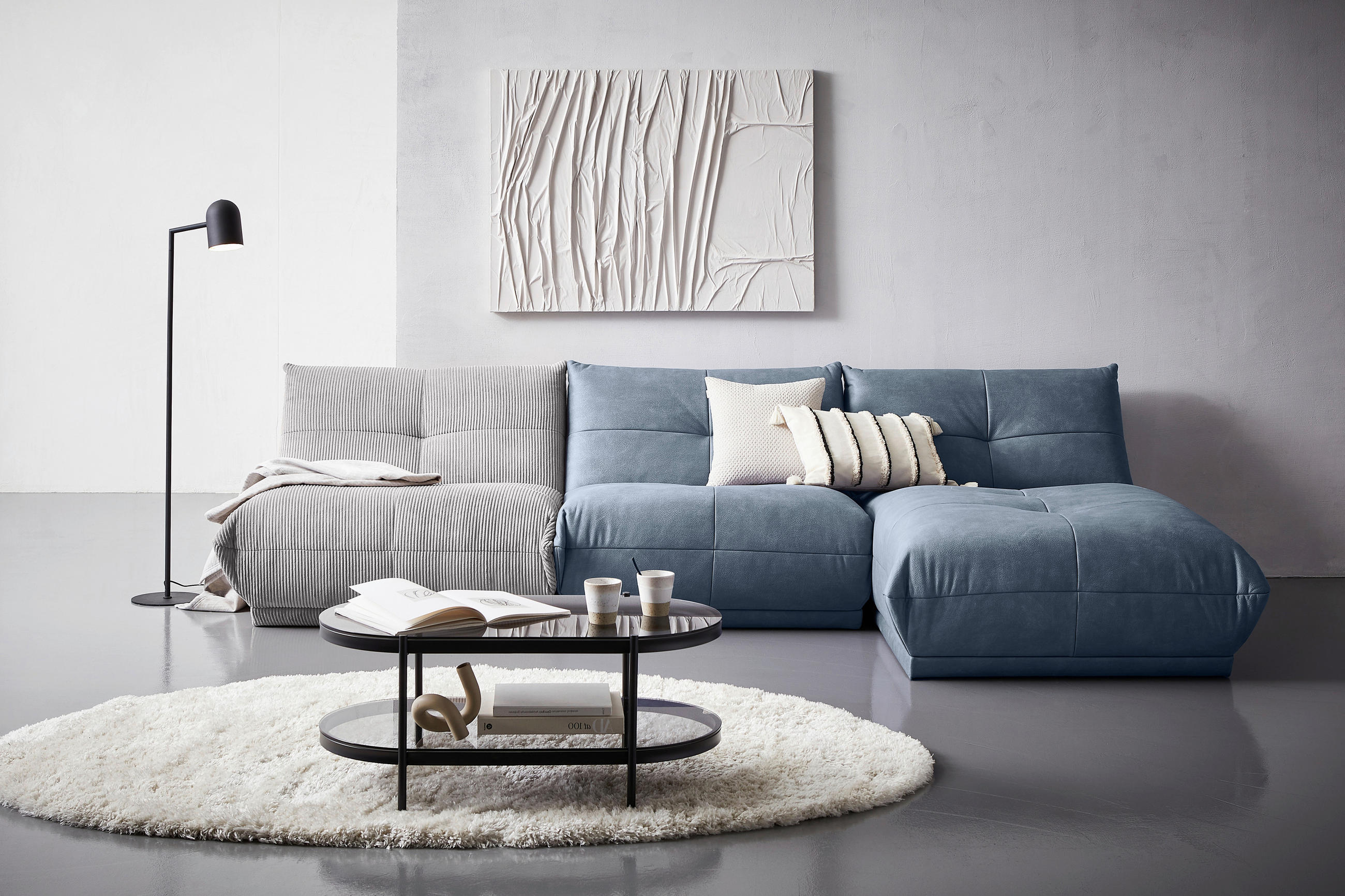 ECKSOFA in Cord, Lederlook Grau, Blaugrau - Blaugrau/Grau, Trend, Textil (315/185cm) - Livetastic