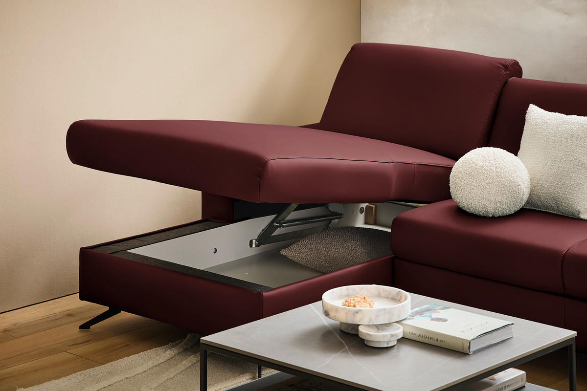 ECKSOFA in Echtleder Brombeere  165/267 cm  - Brombeere/Schwarz, Design, Leder/Metall (165/267cm) - Lomoco
