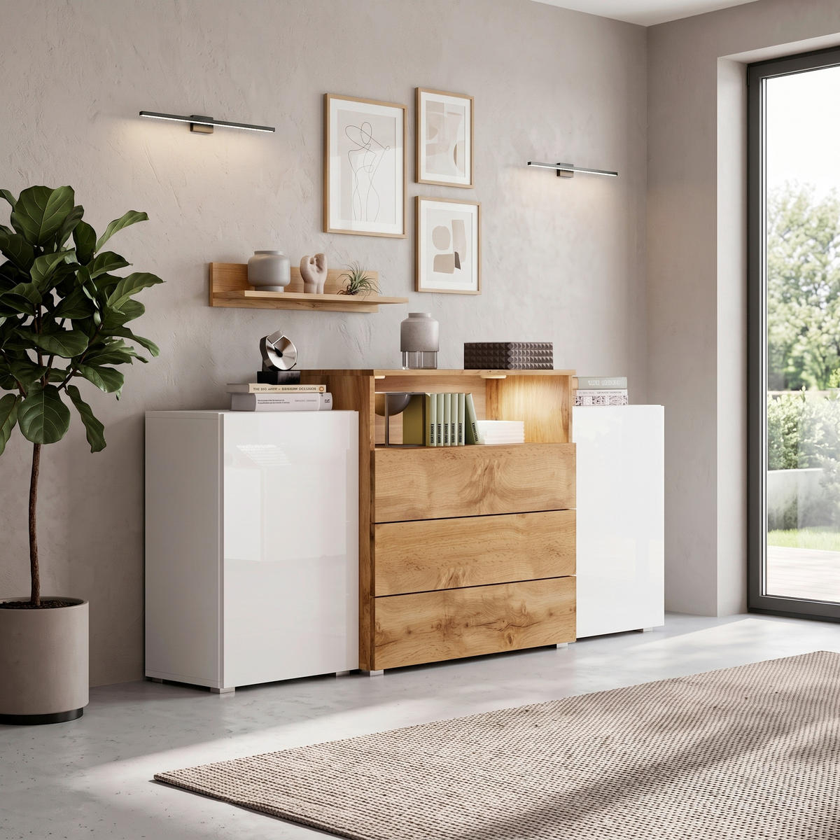 SIDEBOARD Urban 150/80,7/39 cm 3 Schublade(n)  - Weiß Hochglanz/Eiche Wotan, LIFESTYLE, Holzwerkstoff/Kunststoff (150/80,7/39cm) - P & B