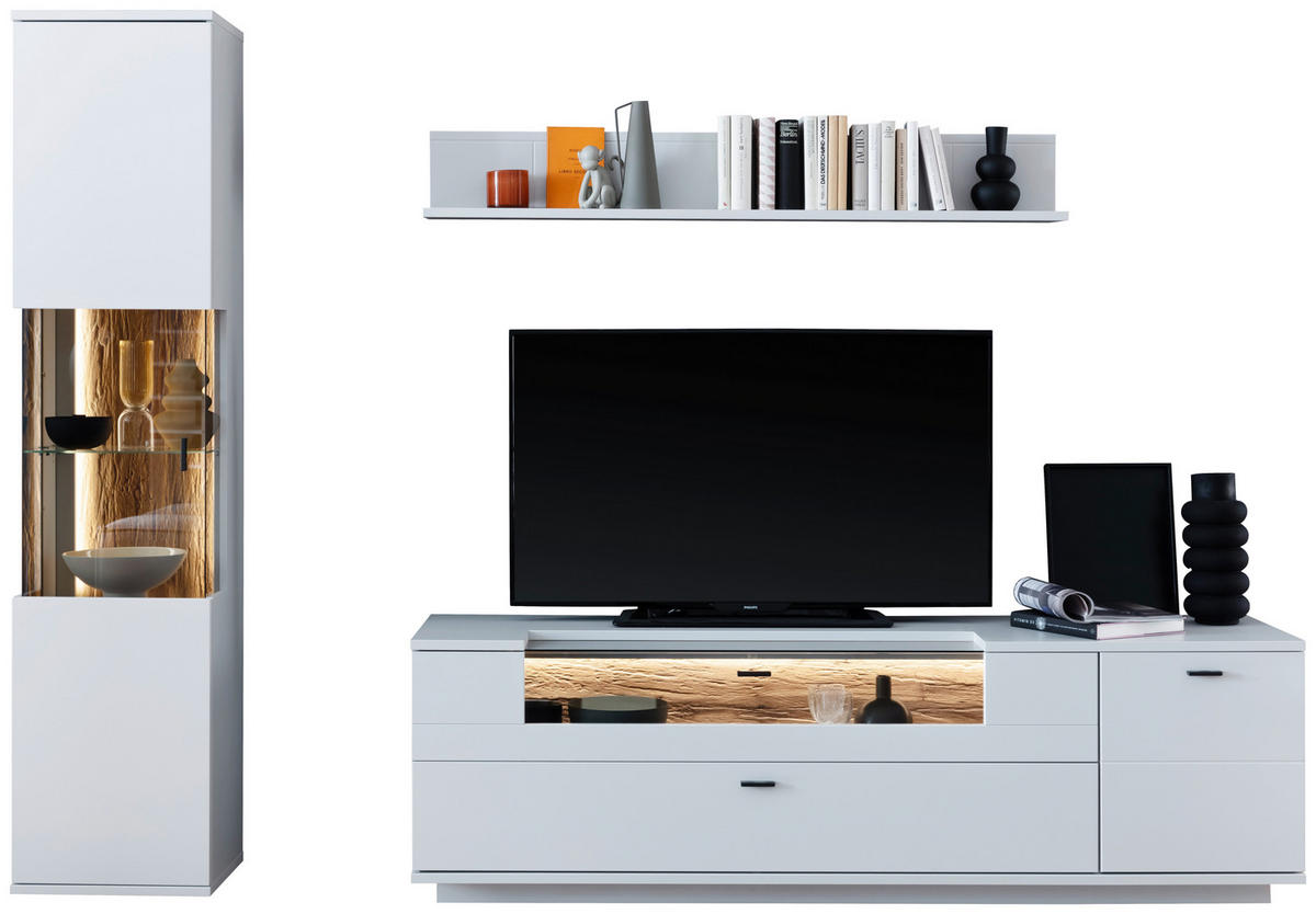 WOHNWAND  in Weiß, Eichefarben  250/199/50 cm  - Eichefarben/Anthrazit, Design, Glas/Holzwerkstoff (250/199/50cm) - Stylife