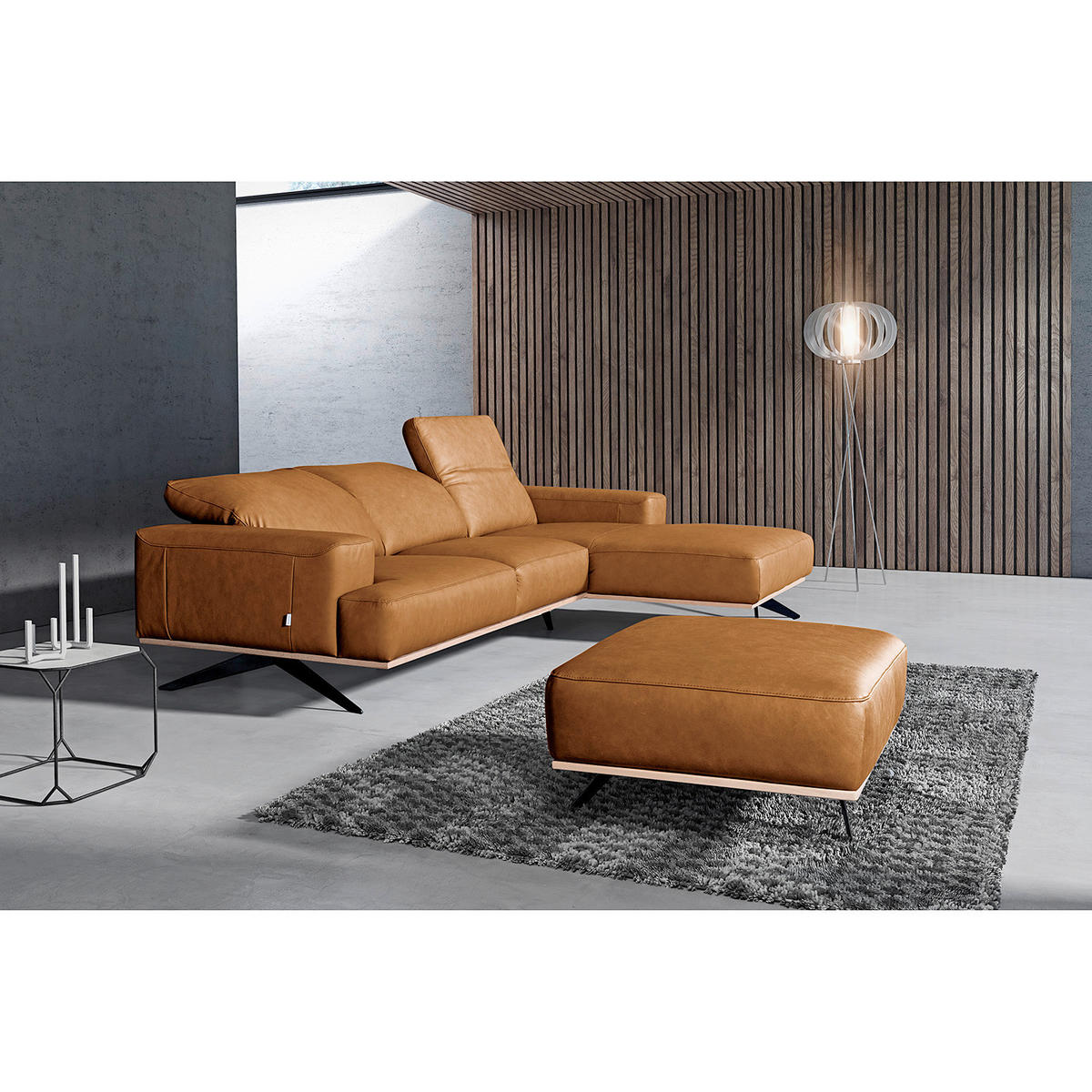 HOCKER Echtleder Cognac  - Cognac/Schwarz, Design, Leder/Metall (95/46/80cm) - Livetastic