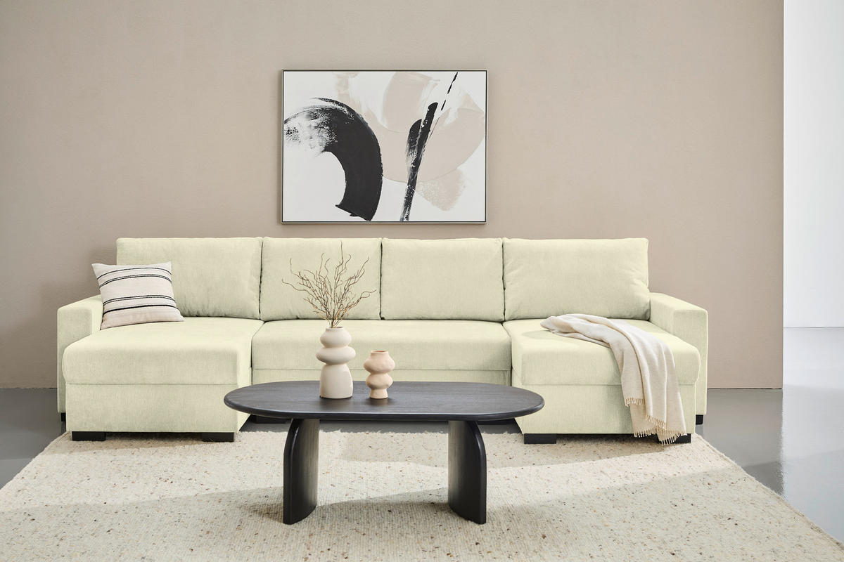 WOHNLANDSCHAFT Creme Chenille  - Creme/Schwarz, KONVENTIONELL, Kunststoff/Textil (140/328/140cm) - Ti'me