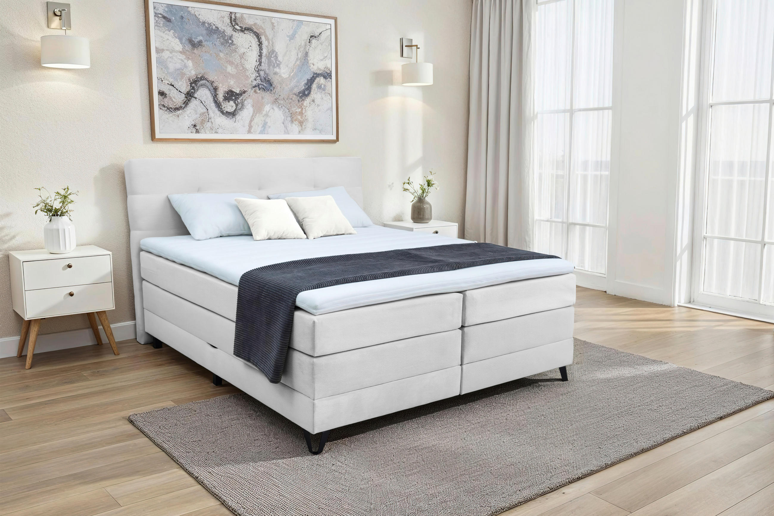 Thumbnail - Boxxx Boxspringbett, Weiß, Textil, H4, 5-Zonen, Höhe ca. 18 cm, 180x200 cm, Topper durchgehend, in verschiedenen Größen ...