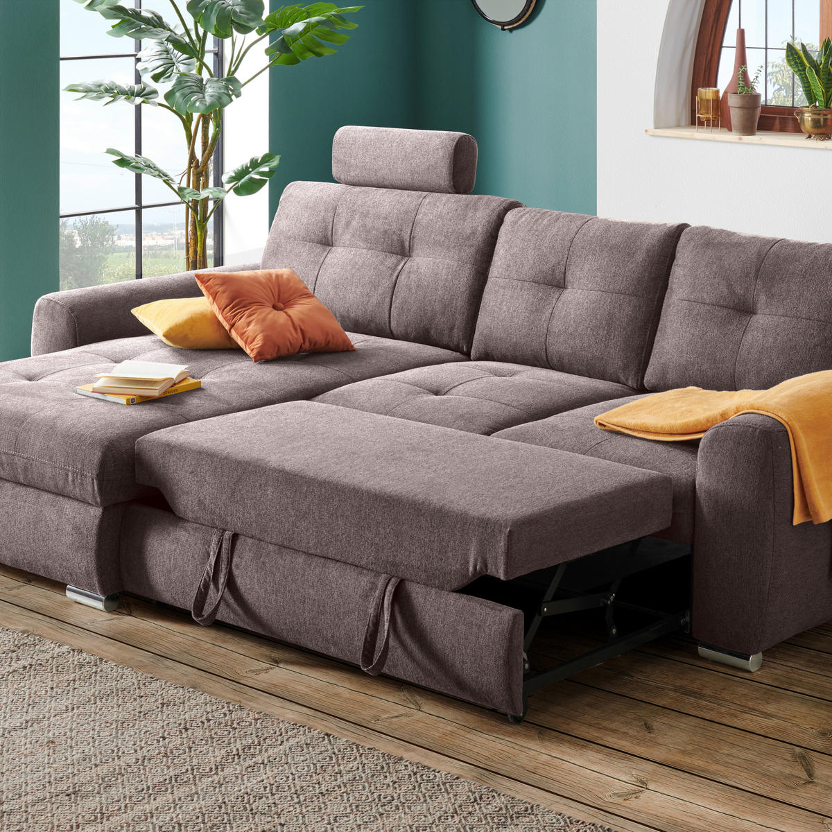 ECKSOFA in Mikrofaser Braun  276/193 cm  - Chromfarben/Braun, MODERN, Kunststoff/Textil (276/193cm) - Hom`in