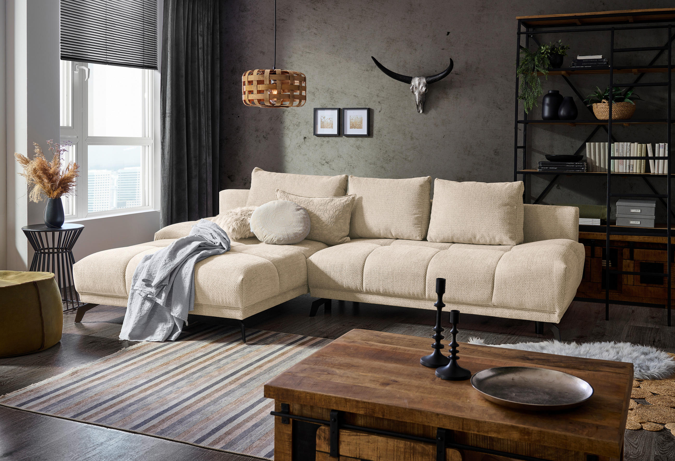 ECKSOFA in Chenille Creme  - Creme/Schwarz, MODERN, Textil/Metall (182/290cm) - Hom`in
