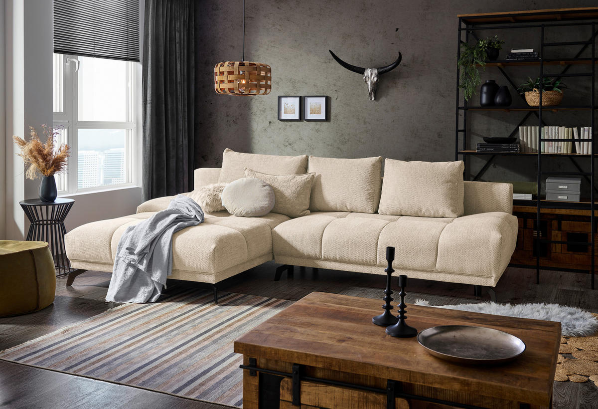 ECKSOFA in Chenille Creme  - Creme/Schwarz, Modern, Textil/Metall (182/290cm) - Hom`in