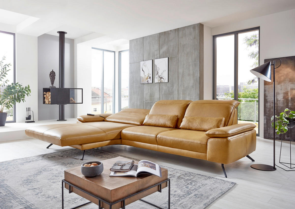 ECKSOFA in Echtleder Hellbraun  - Hellbraun/Schwarz, Design, Leder/Metall (328/193cm) - Dieter Knoll