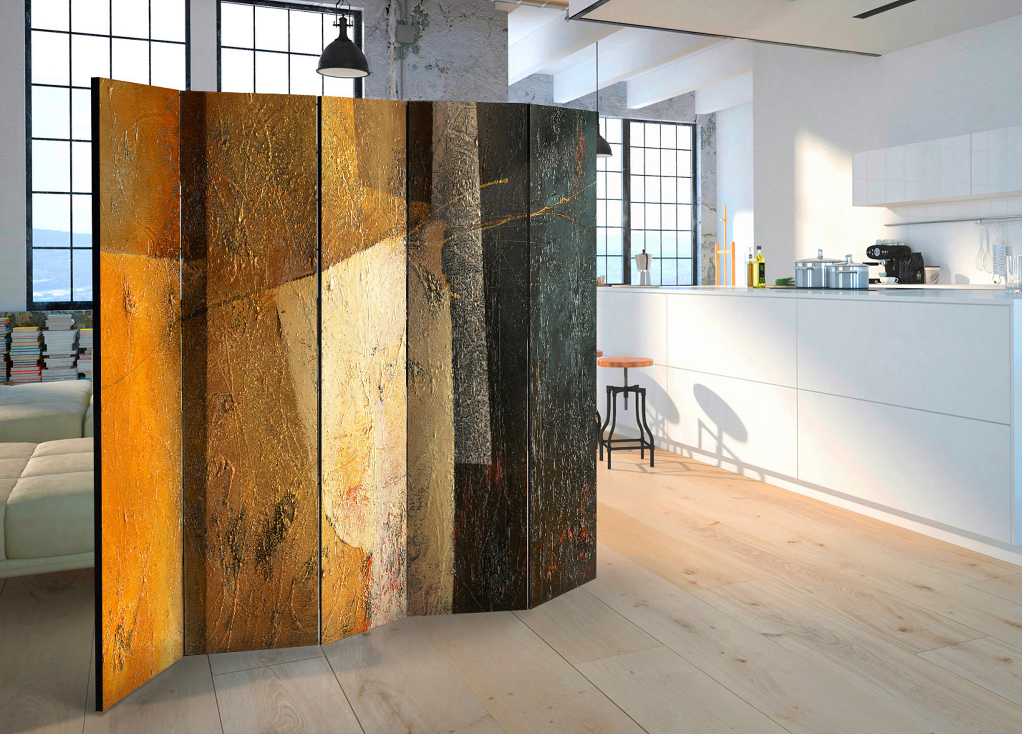 Thumbnail - artgeist Paravent, Mehrfarbig, Weiß, Holz, Textil, Kiefer, massiv, Abstraktes, 225x172x3 cm, Motiv auf Vorder- und Rücks...