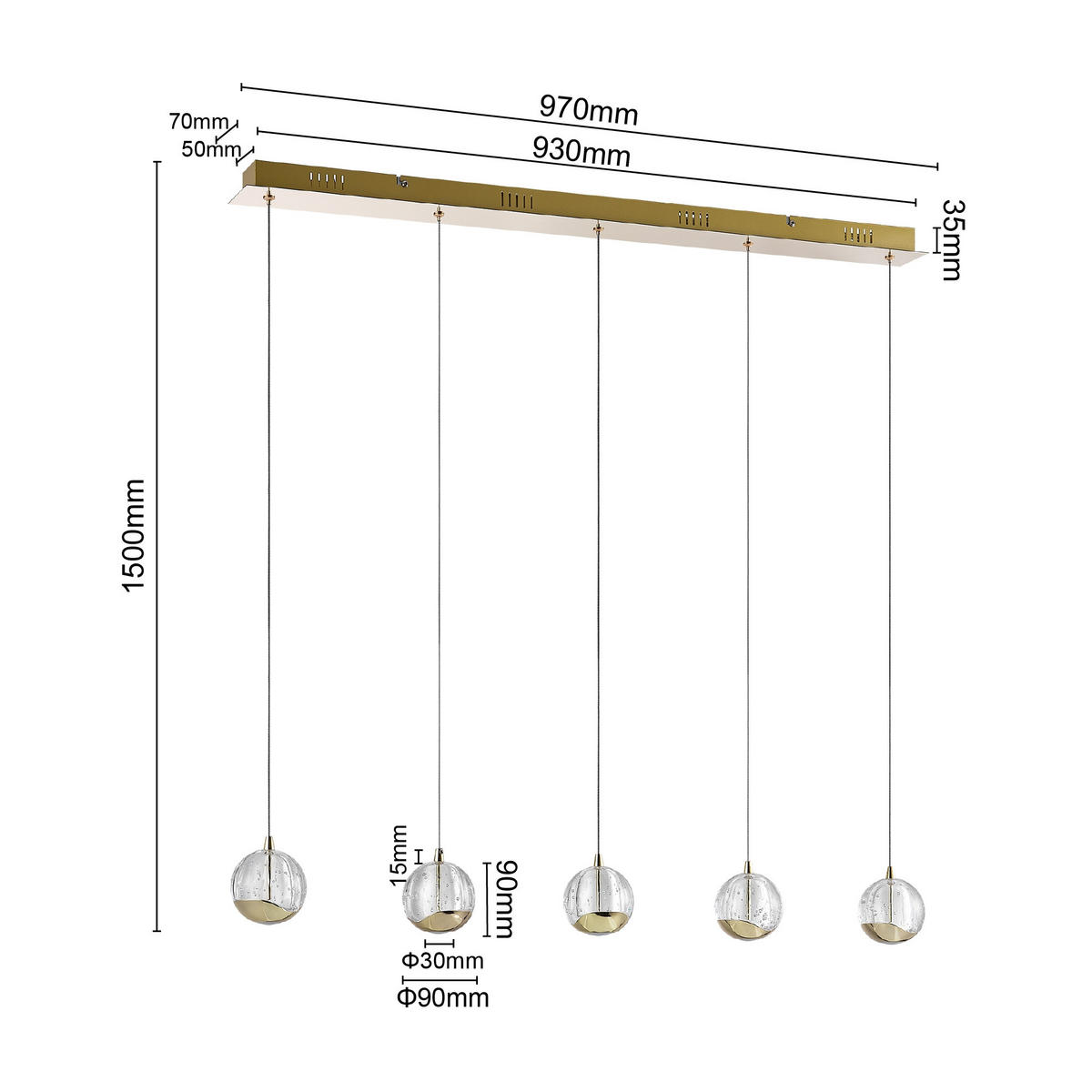 LED-HÄNGELEUCHTE Hastings 96/9/150 cm   - Goldfarben, Design, Glas/Metall (96/9/150cm) - Dieter Knoll