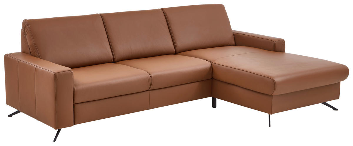 ECKSOFA in Echtleder Cognac  - Cognac/Schwarz, Design, Leder/Metall (267/165cm) - Lomoco