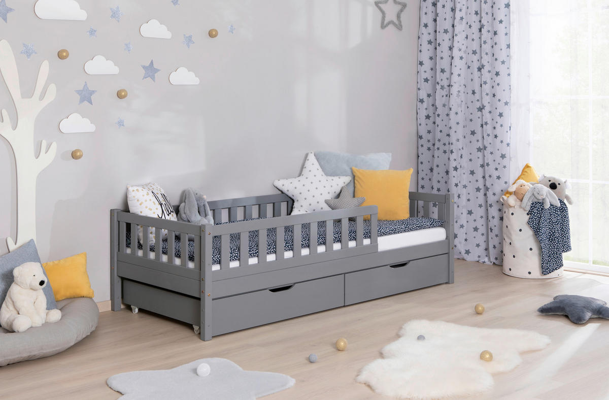 HAUSBETT Absturzsicherung, Matratze, Rollrost, Bettschublade 100/200 cm  - Hellgrau/Weiß, MODERN, Holz/Textil (100/200cm) - MID.YOU