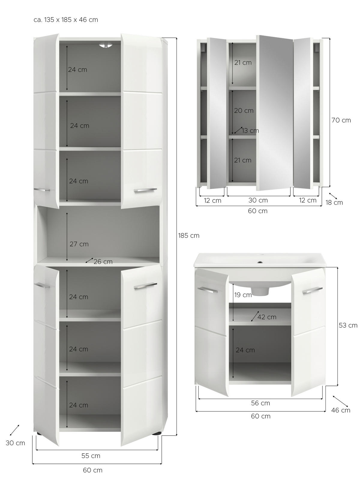 BADEZIMMER 4-teilig  in 120 cm  - Weiß Hochglanz/Silberfarben, MODERN, Keramik/Holzwerkstoff (120cm) - MID.YOU