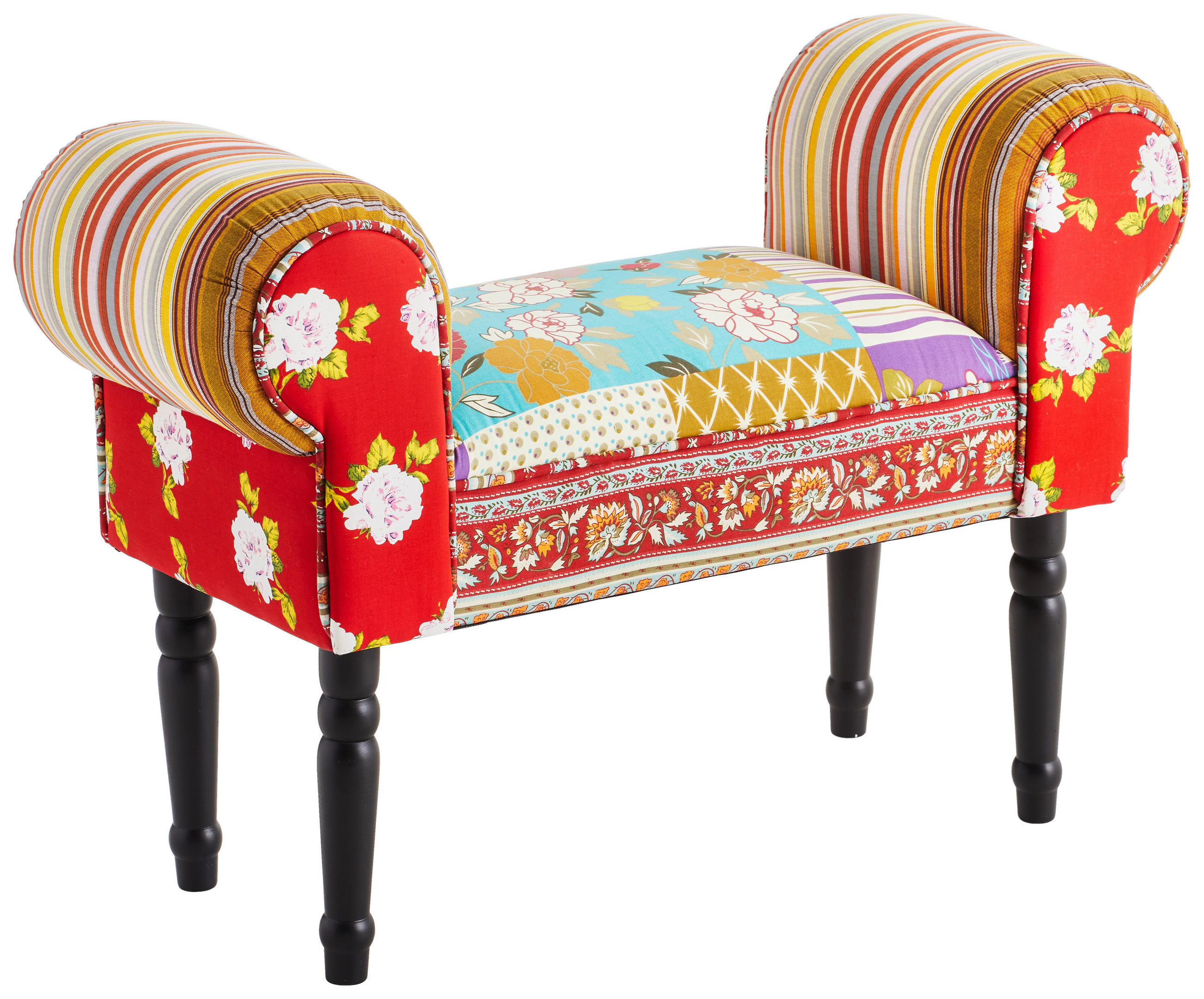 HOCKER Leinenoptik Kiefer Multicolor, Schwarz - Multicolor/Schwarz, Trend, Holz/Textil (76/54/30cm) - Xora