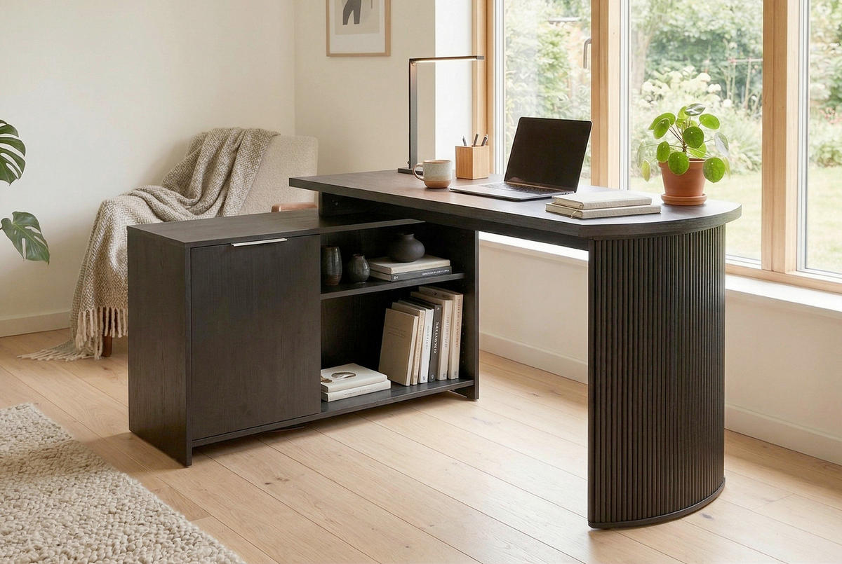 ECKSCHREIBTISCH 150/120/75 cm Schwarz, Eichefarben Kabeldurchlass, Stauraum, seitenverkehrt montierbar  - Eichefarben/Silberfarben, Modern, Holzwerkstoff/Metall (150/120/75cm) - MID.YOU