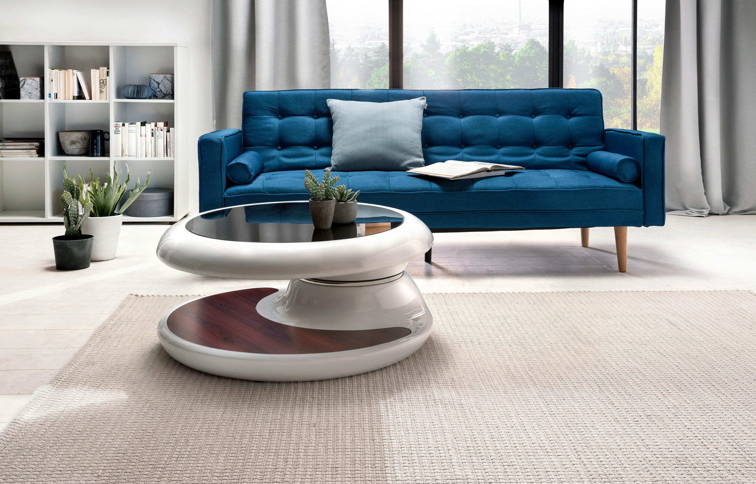 Thumbnail - Livetastic Couchtisch, Braun, Schwarz, Weiß Hochglanz, Kunststoff, Glas, rund, Bodenplatte, 90x42x90 cm, Wohnzimmer, Woh...